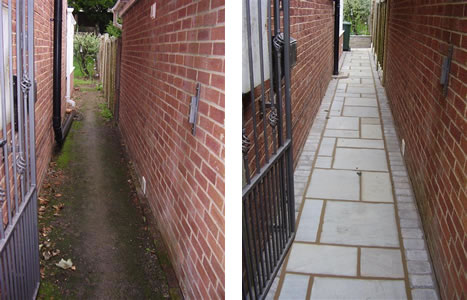 Before and after of a narrow alley relaid with block and slab paving.