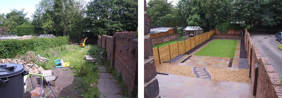 Before and after of a Hertford back garden, from rough ground to lawn, paving and gravel.
