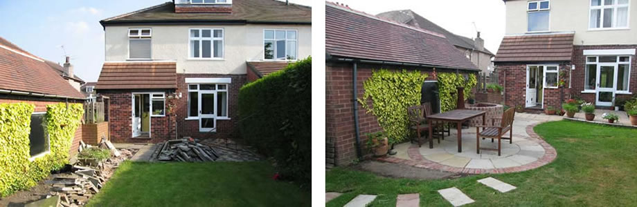 Before and after of a St Albans garden, from spoil to a circular patio and lawn.
